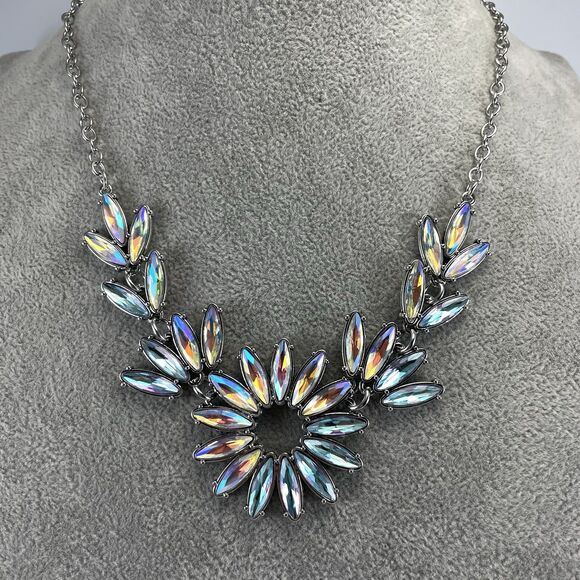 Silver Tone Blue AB Glass Starburst Bib Statement Necklace Bling Collar Bold - Picture 2 of 6